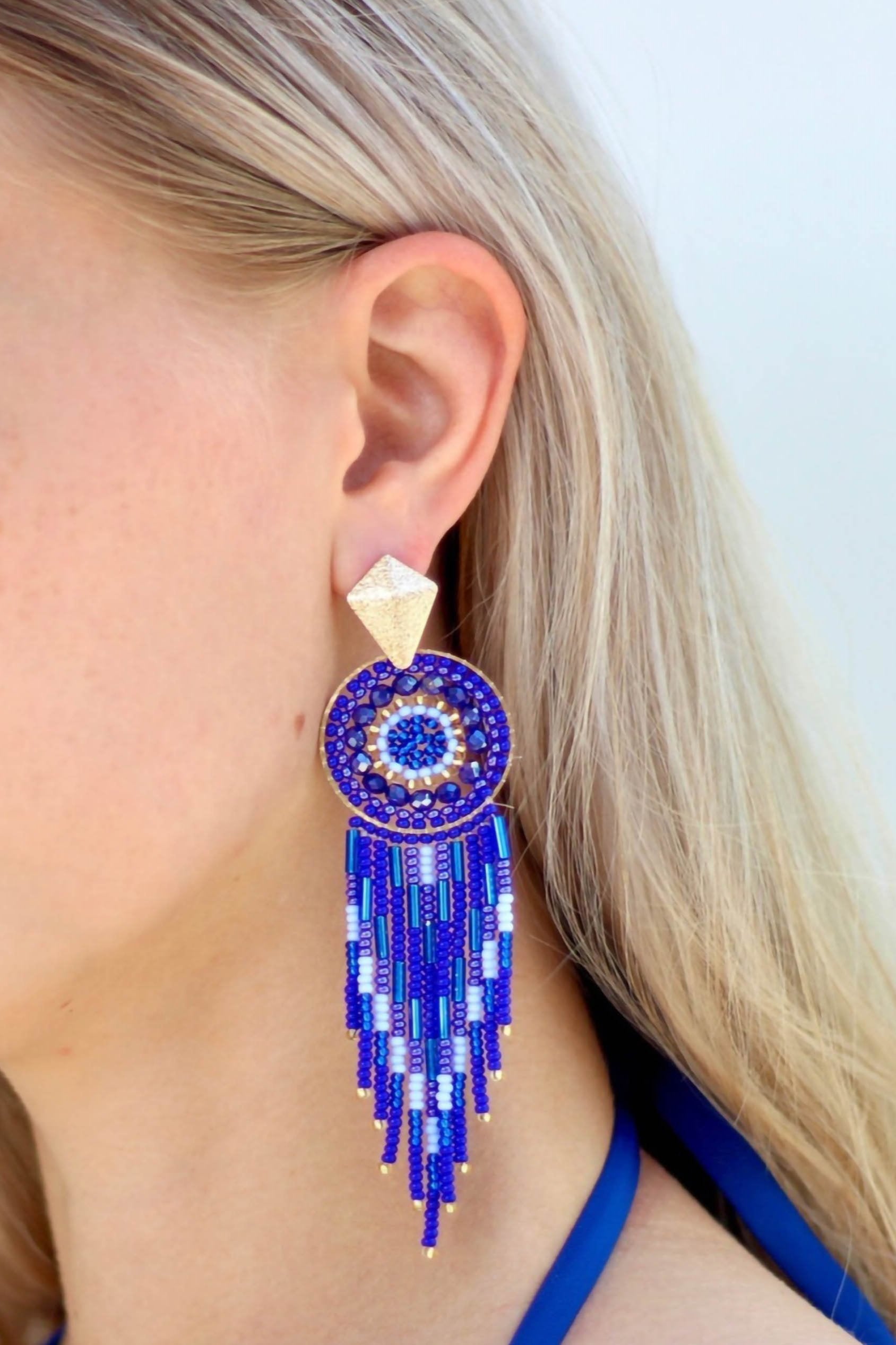 Ocean Blue Beaded Dream Catcher Earrings