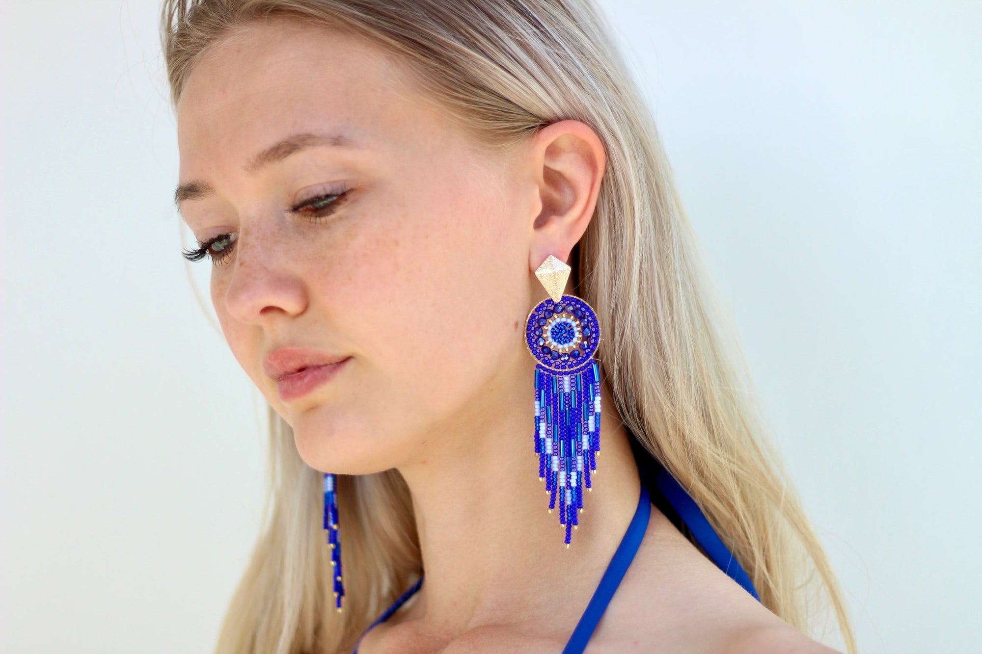 Ocean Blue Beaded Dream Catcher Earrings